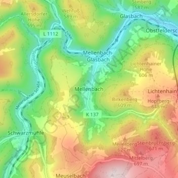 Topografische kaart Mellenbach, hoogte, reliëf