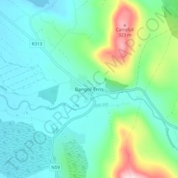 Topografische kaart Bangor Erris, hoogte, reliëf