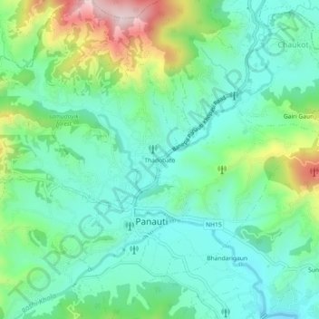Topografische kaart Thadobato, hoogte, reliëf