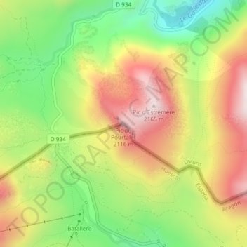 Topografische kaart Pic du Pourtalet, hoogte, reliëf