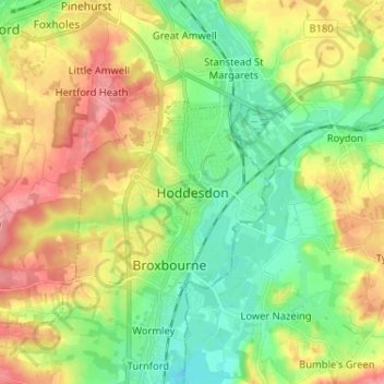 Topografische kaart Hoddesdon, hoogte, reliëf