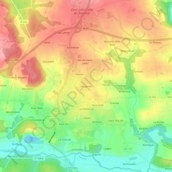 Topografische kaart Kergarrec, hoogte, reliëf