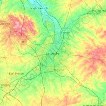 Topografische kaart Leicester, hoogte, reliëf