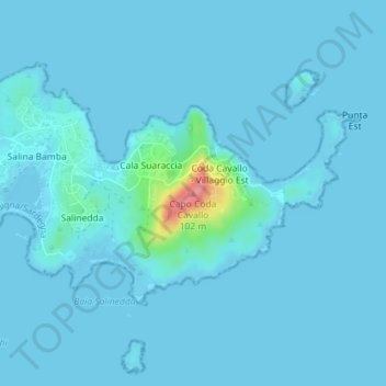 Topografische kaart Capo Coda Cavallo, hoogte, reliëf