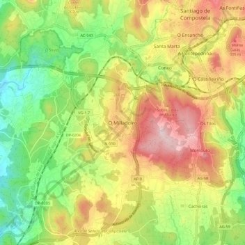 Topografische kaart O Milladoiro, hoogte, reliëf