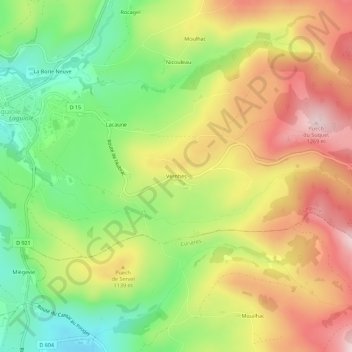 Topografische kaart Vernhes, hoogte, reliëf