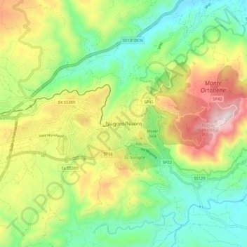 Topografische kaart Nuoro, hoogte, reliëf