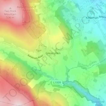 Topografische kaart Glencullen, hoogte, reliëf