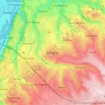 Topografische kaart Blegny, hoogte, reliëf