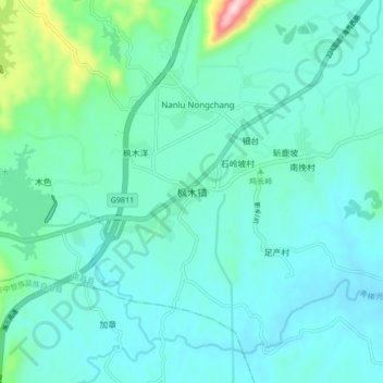 Topografische kaart 枫木镇, hoogte, reliëf