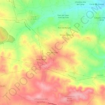 Topografische kaart Mas de Pavia, hoogte, reliëf