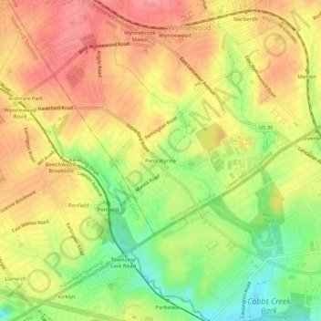 Topografische kaart Penn Wynne, hoogte, reliëf