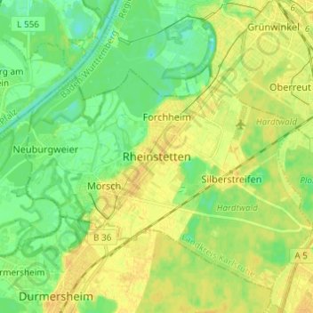 Topografische kaart Rheinstetten, hoogte, reliëf