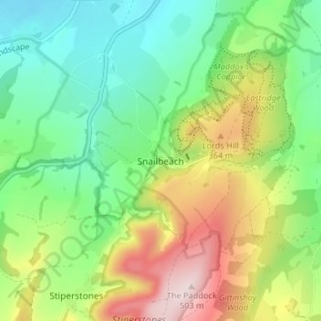 Topografische kaart Snailbeach, hoogte, reliëf