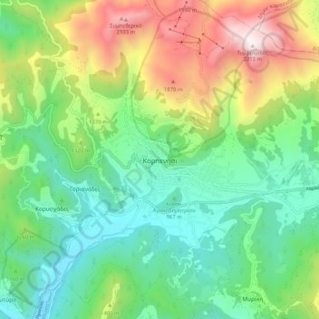 Topografische kaart Karpenisi, hoogte, reliëf