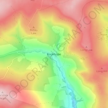 Topografische kaart Rookhope, hoogte, reliëf