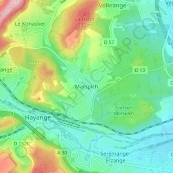 Topografische kaart Marspich, hoogte, reliëf