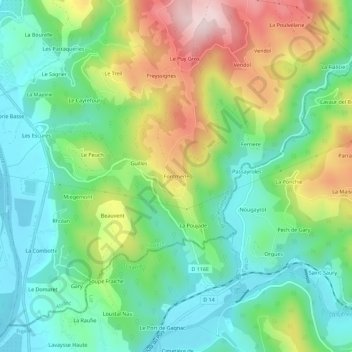 Topografische kaart Fontmerle, hoogte, reliëf