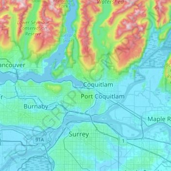 Topografische kaart Port Moody, hoogte, reliëf