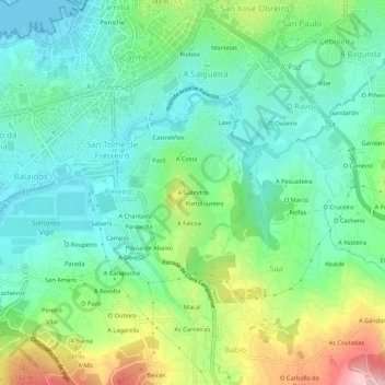 Topografische kaart A Galindra, hoogte, reliëf