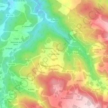 Topografische kaart O Val de Deus, hoogte, reliëf