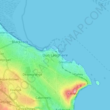 Topografische kaart Dún Laoghaire, hoogte, reliëf