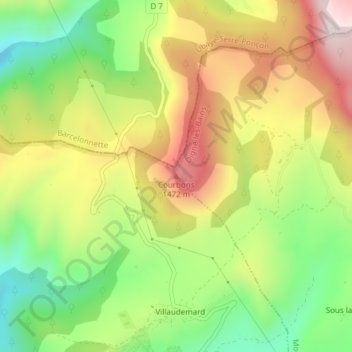 Topografische kaart Courbons, hoogte, reliëf