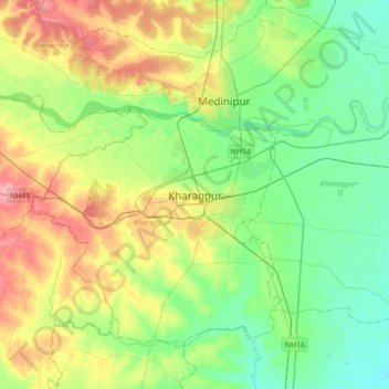 Topografische kaart Kharagpur, hoogte, reliëf