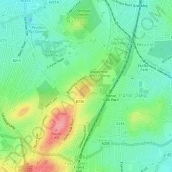 Topografische kaart Honor Oak, hoogte, reliëf
