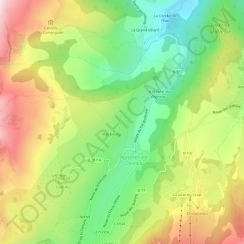 Topografische kaart Le Cousy, hoogte, reliëf