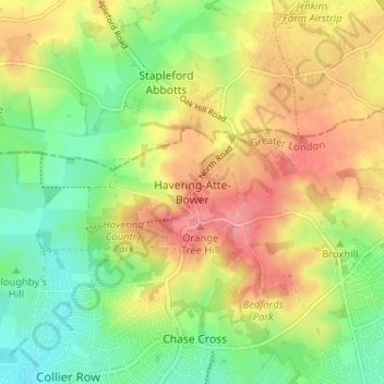 Topografische kaart Havering-Atte-Bower, hoogte, reliëf