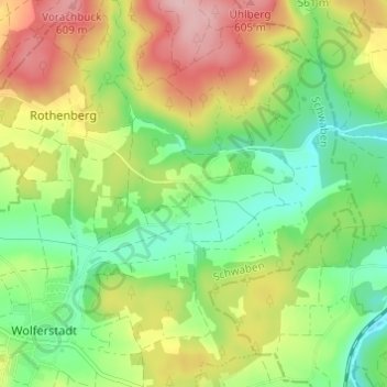 Topografische kaart Zwerchstraß, hoogte, reliëf