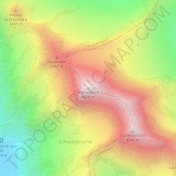 Topografische kaart Schreckhorn, hoogte, reliëf