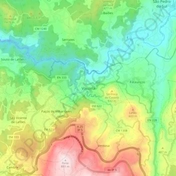 Topografische kaart Vouzela, hoogte, reliëf