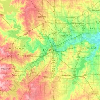 Topografische kaart Fort Worth, hoogte, reliëf