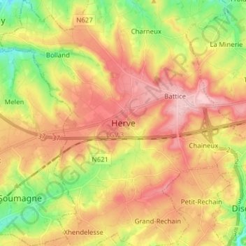 Topografische kaart Herve, hoogte, reliëf