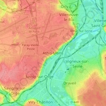 Topografische kaart Athis-Mons, hoogte, reliëf
