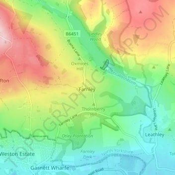 Topografische kaart Farnley, hoogte, reliëf
