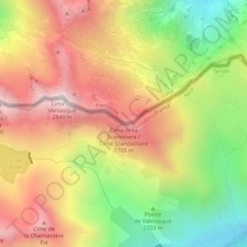 Topografische kaart Cime Scandaillière, hoogte, reliëf