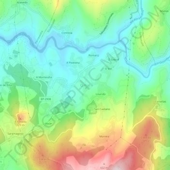 Topografische kaart O Rial, hoogte, reliëf