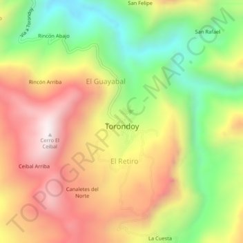 Topografische kaart Torondoy, hoogte, reliëf
