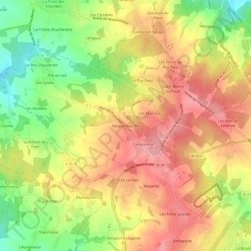 Topografische kaart Vergne Blanche, hoogte, reliëf