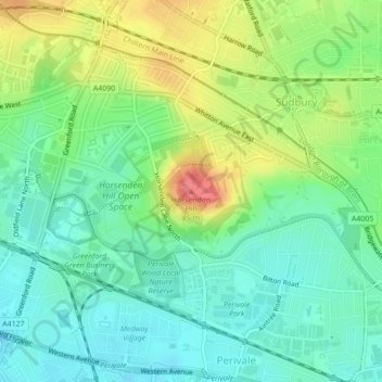 Topografische kaart Horsenden Hill, hoogte, reliëf