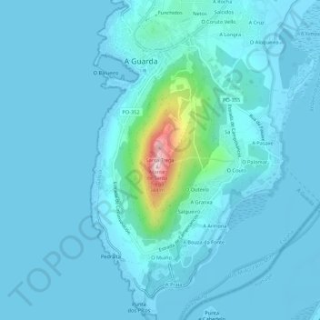Topografische kaart Santa Trega, hoogte, reliëf