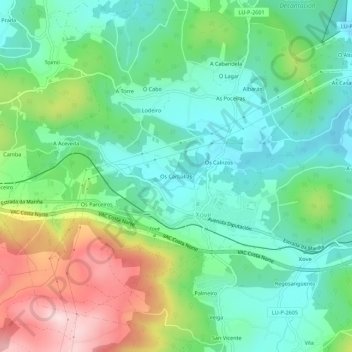 Topografische kaart Os Carballás, hoogte, reliëf