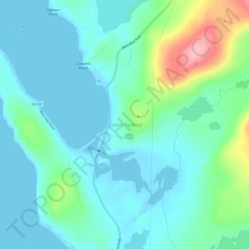 Topografische kaart Green's Harbour, hoogte, reliëf