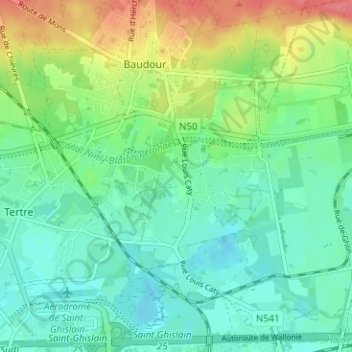 Topografische kaart Douvrain, hoogte, reliëf