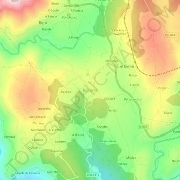 Topografische kaart Boborás, hoogte, reliëf