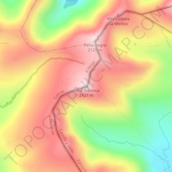 Topografische kaart Peña Trevinca, hoogte, reliëf
