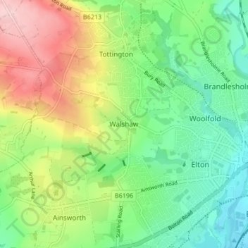 Topografische kaart Walshaw, hoogte, reliëf